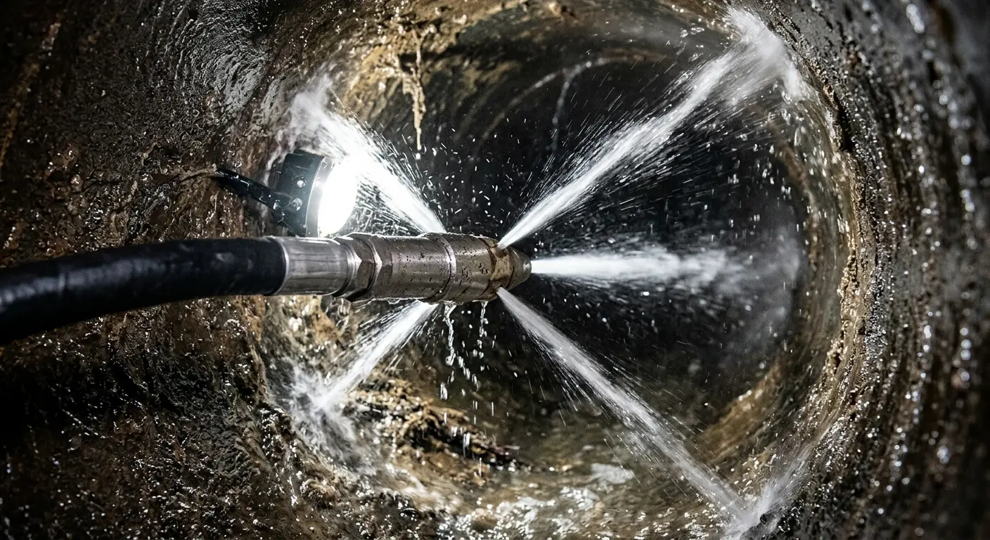 High-pressure hydro jetting nozzle cleaning sewer pipe for Trenchless Sewer Repair in East Rutherford