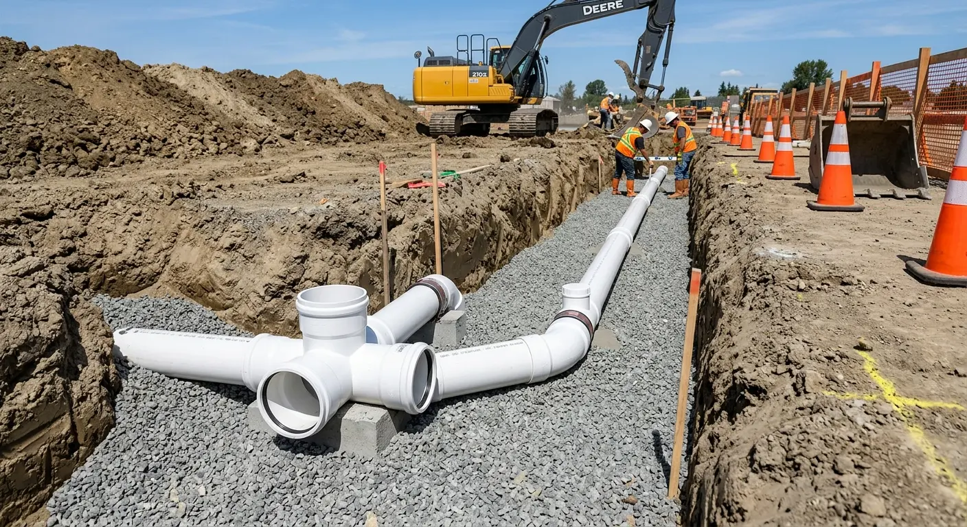 New PVC sewer pipe installation in open trench for Commercial Drain Cleaning in East Rutherford