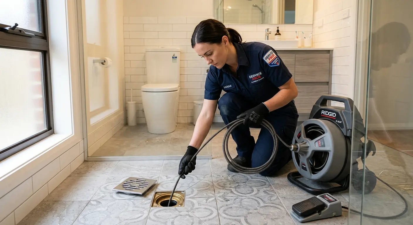 Technician clearing a bathroom floor drain for Sewer Line Replacement in East Rutherford